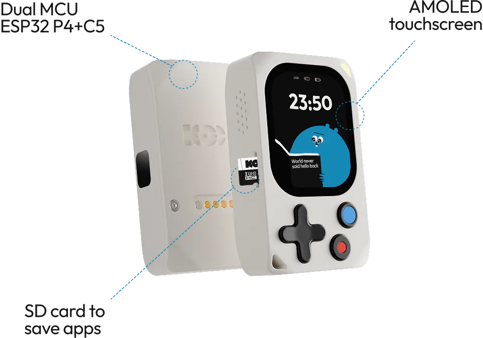 Kode Dot front and back with its built-in hardware annotated: dual MCU ESP32 P4 + C5, AMOLED touchscreen and SD card slot