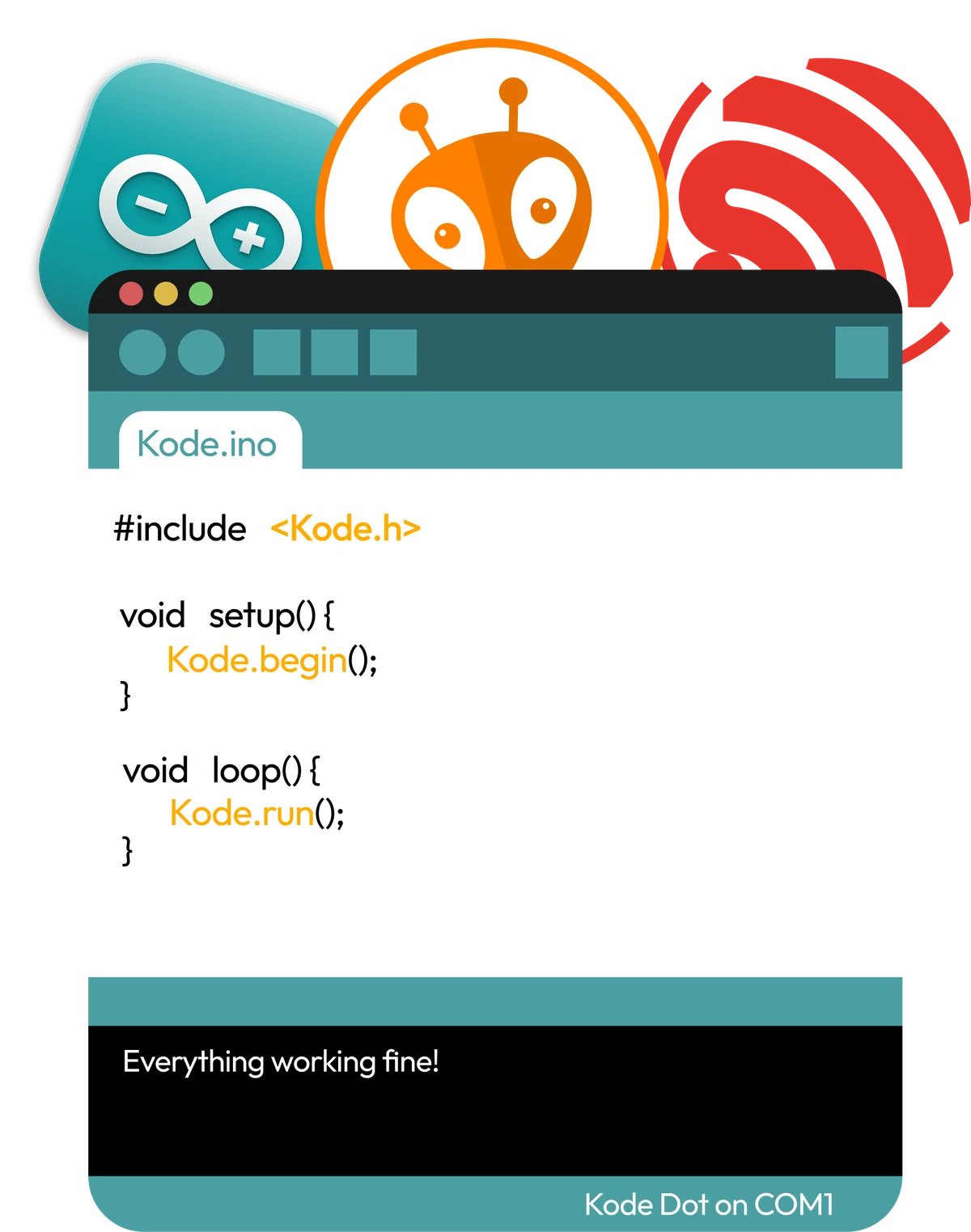 Kode.ino sketch in your IDE — Arduino, PlatformIO or ESP-IDF — flashing over serial